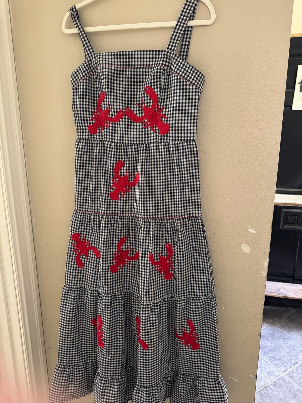 Black & White Gingham Tiered Sundress with Red Appliqué